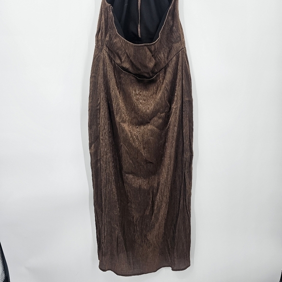 Open Edit Satin Scoop Neck Halter Midi Dress Brown Size M - Picture 6 of 7